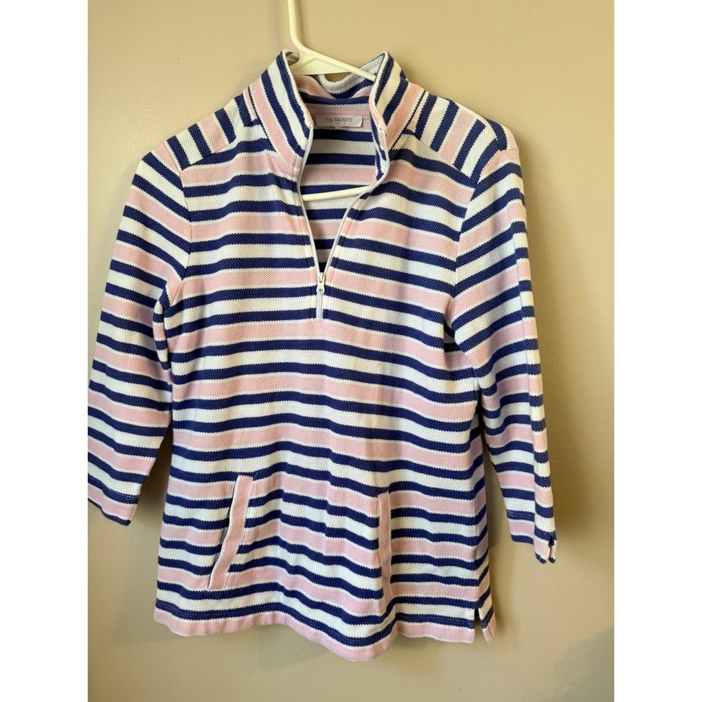 T by Talbots Striped Pink Navy White Quarter Zip Pullover Top Women SP Coastal